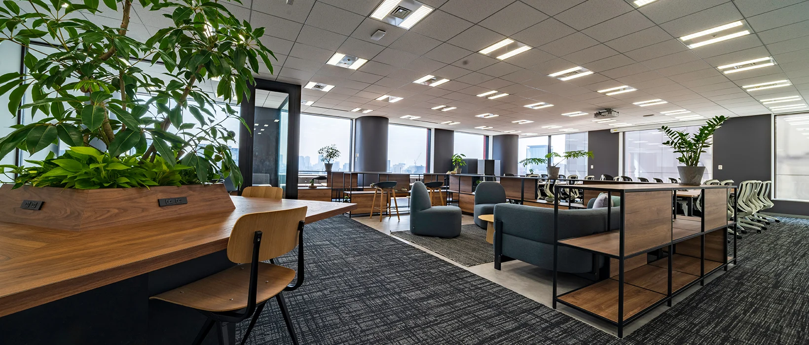 プログデンス本社オフィスの開放的なコミュニケーションスペース。緑豊かで社員が過ごしやすい快適な環境。